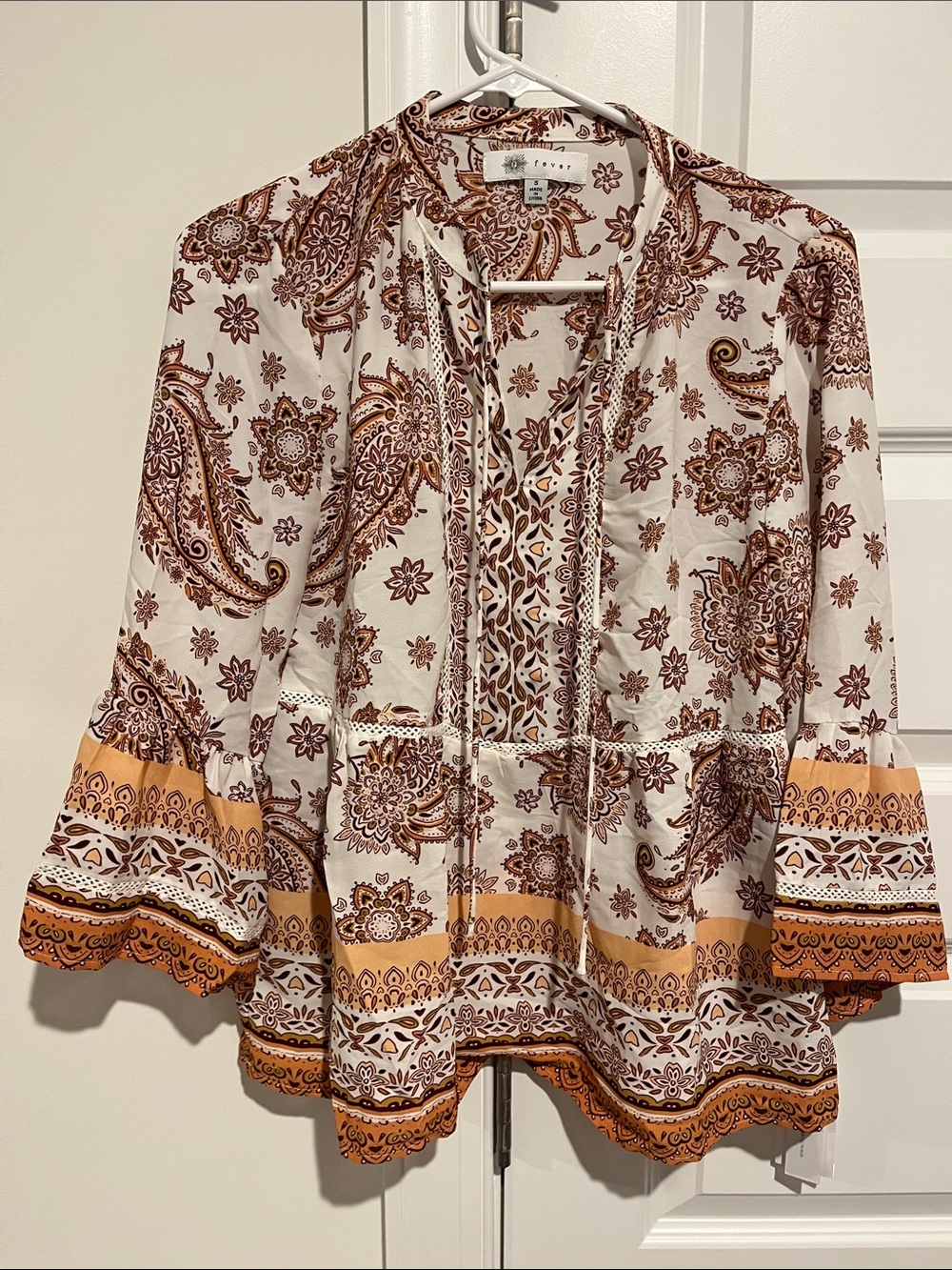 Fever White & Brown Paisley Tie-Neck Tunic